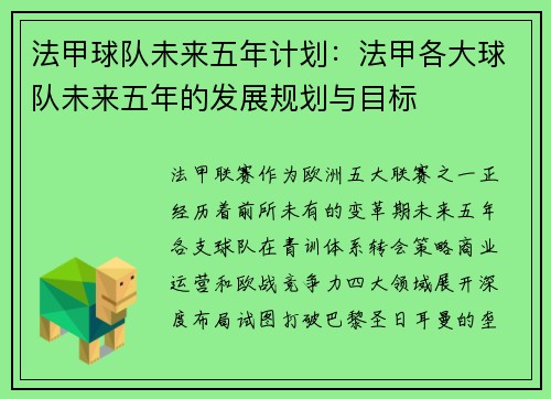法甲球队未来五年计划：法甲各大球队未来五年的发展规划与目标
